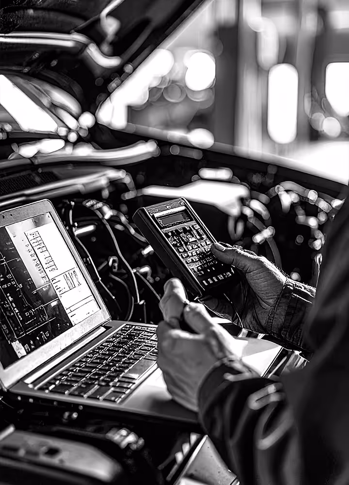 Close-up of a technician using a laptop and diagnostic tablet to analyze electrical data near a vehicle’s fuse box at Cooper’s Garage.

