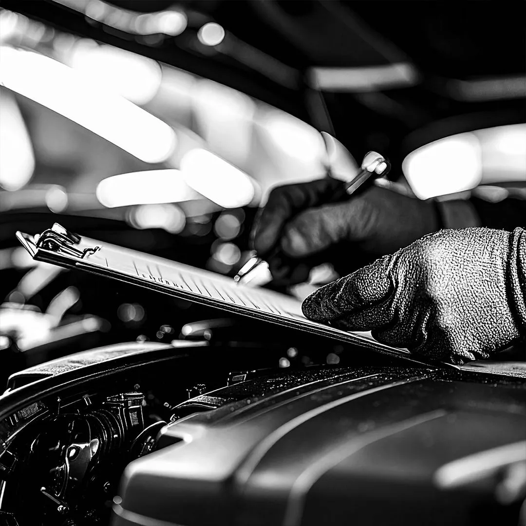 Cooper’s Garage technician completing diagnostic checklist over engine bay


