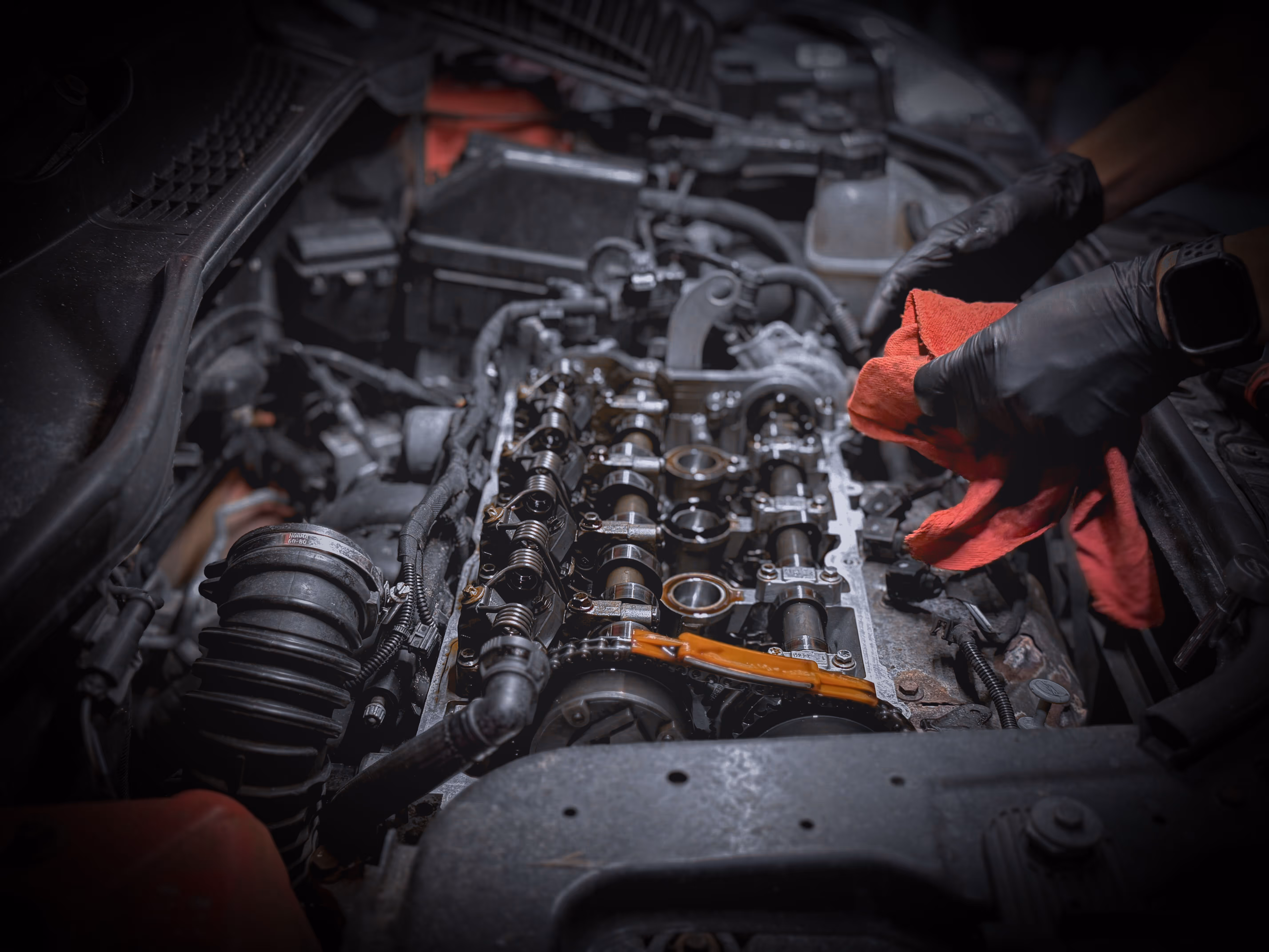 Mechanic wearing gloves wiping down exposed valvetrain components during a European car engine repair.