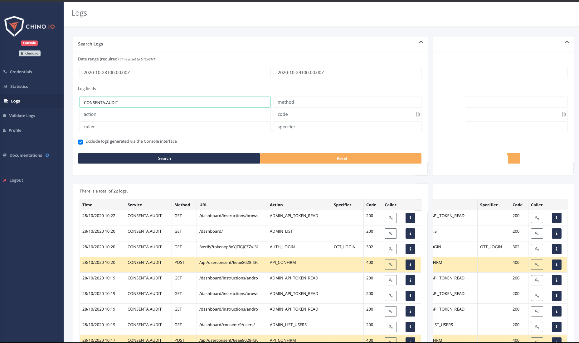 The Chino.io audit trail dashboard