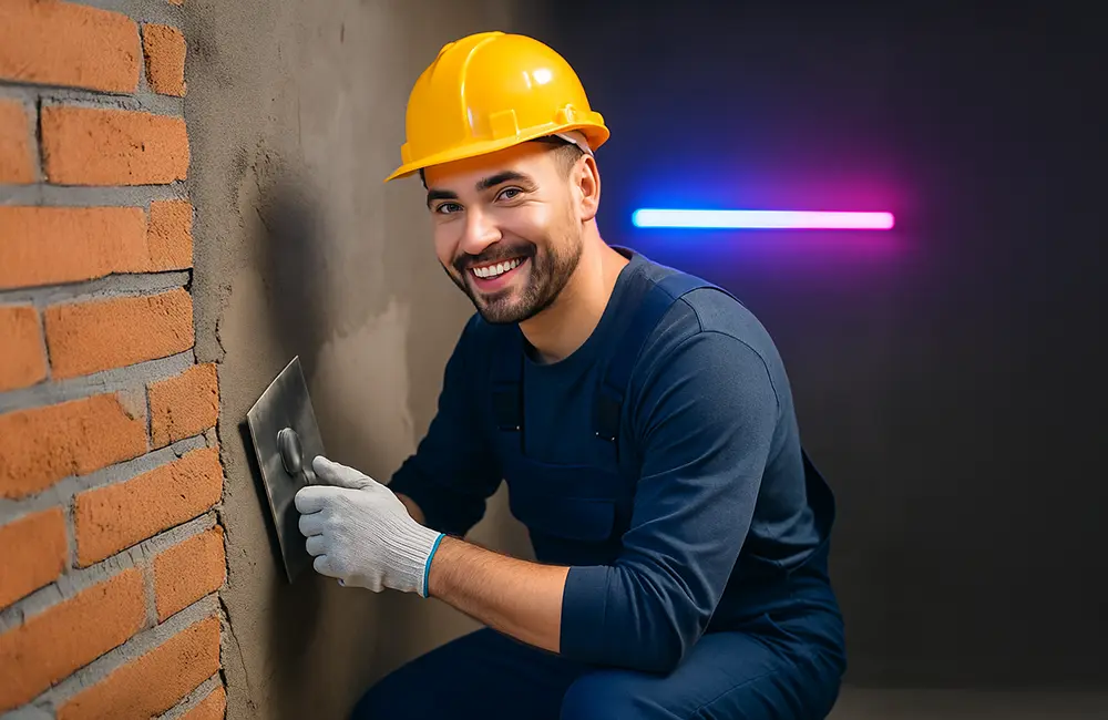 Worker performing exterior wall finishing