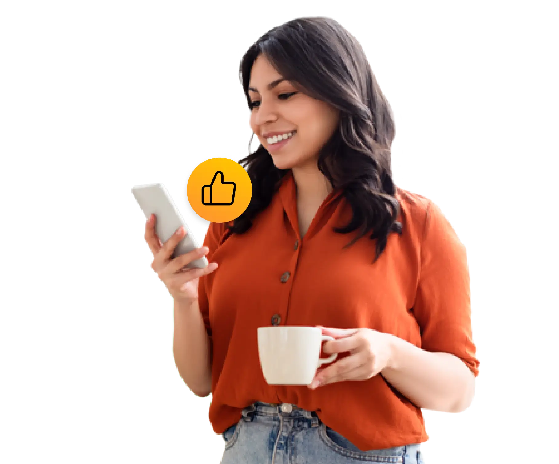Lady with orange button up shirt looking at a phone in one hand and holding a coffee mug in her other hand. Thumbs up icon.