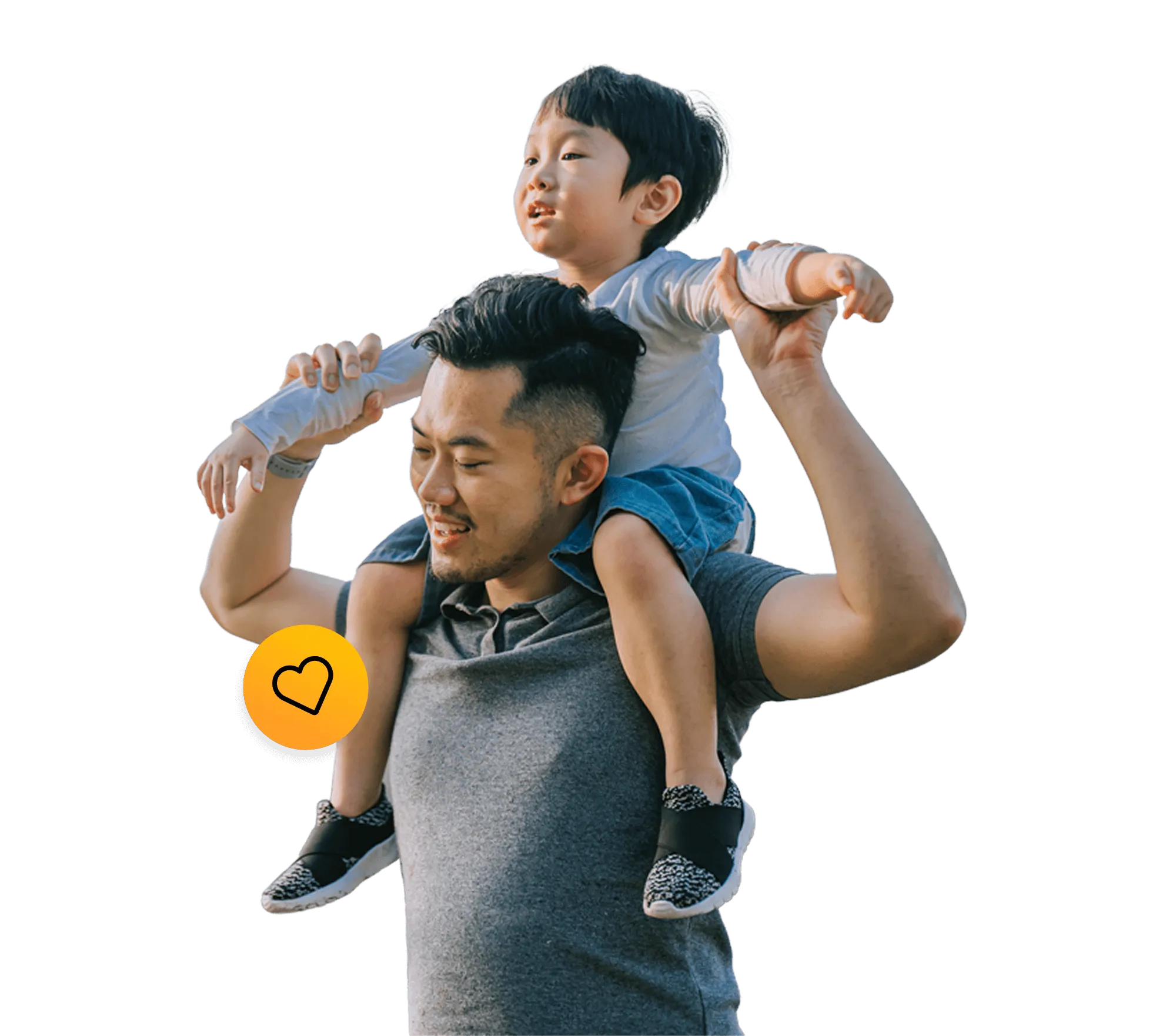 Father holding child on his shoulders. Heart shaped icon.