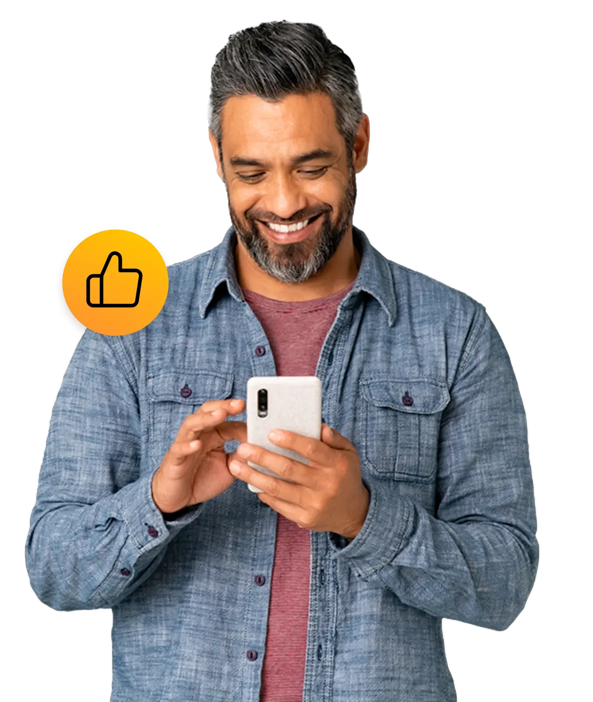 Guy on phone. Thumbs up icon.
