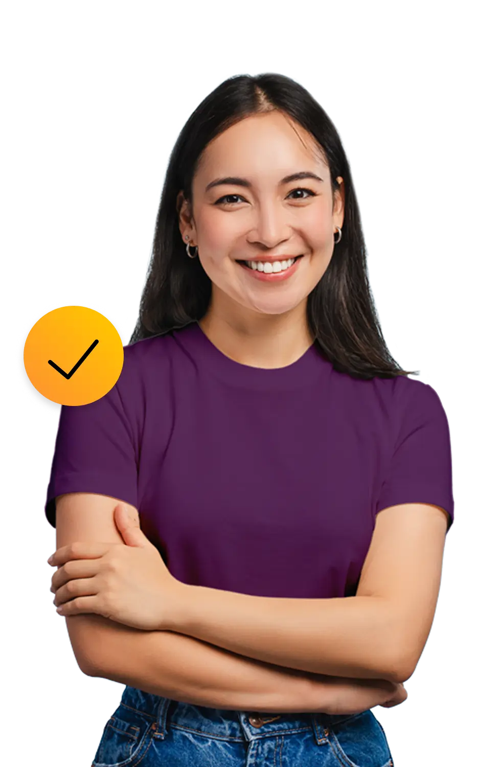 Lady in purple shirt. Check mark icon.