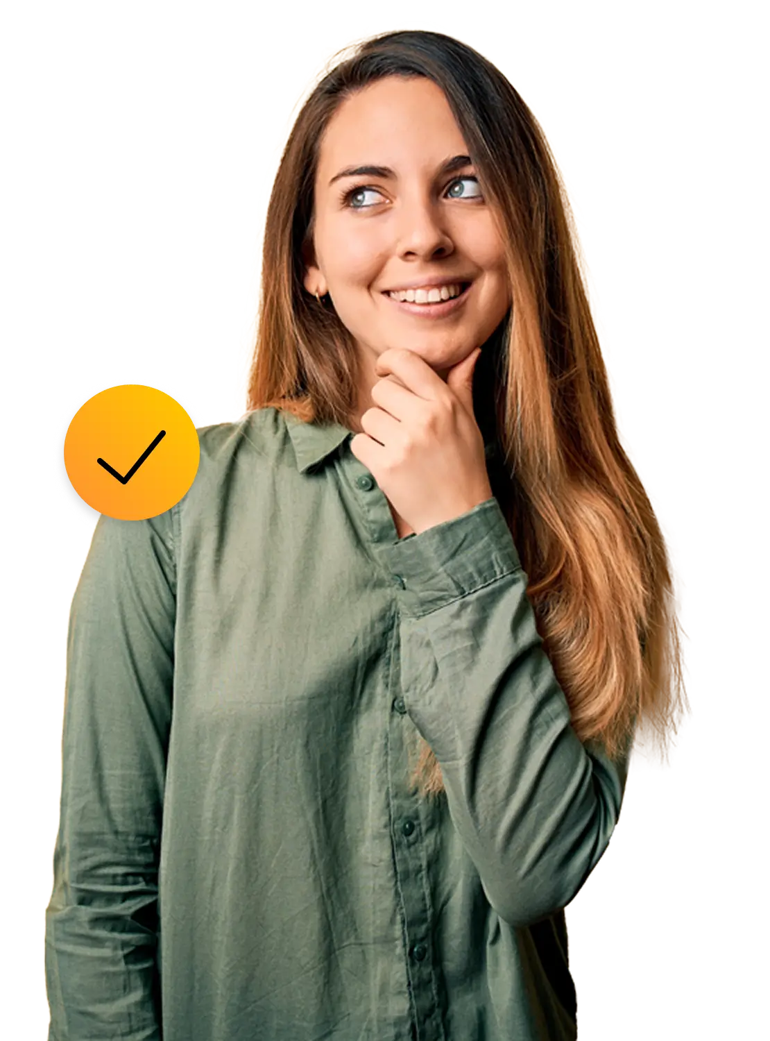 Lady thinking. Check mark icon.