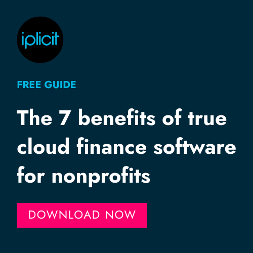 'The 7 benefits of true cloud finance software for nonprofits' on a blue background 