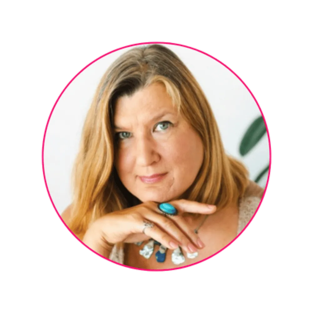 a headshot of Ildiko Spinfisher in a pink circle