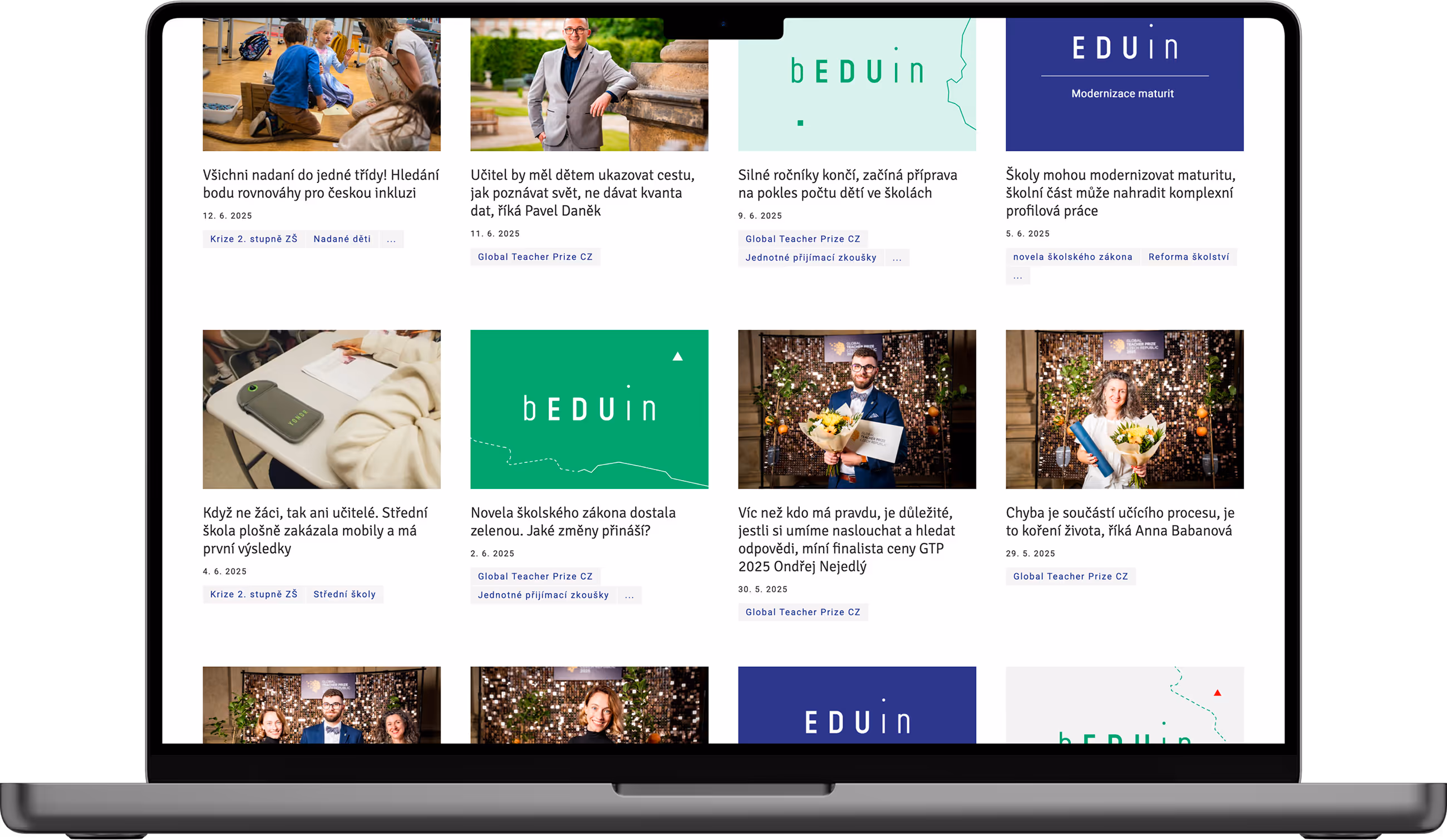 Website mockup of EDUin showing a list of education-related articles.