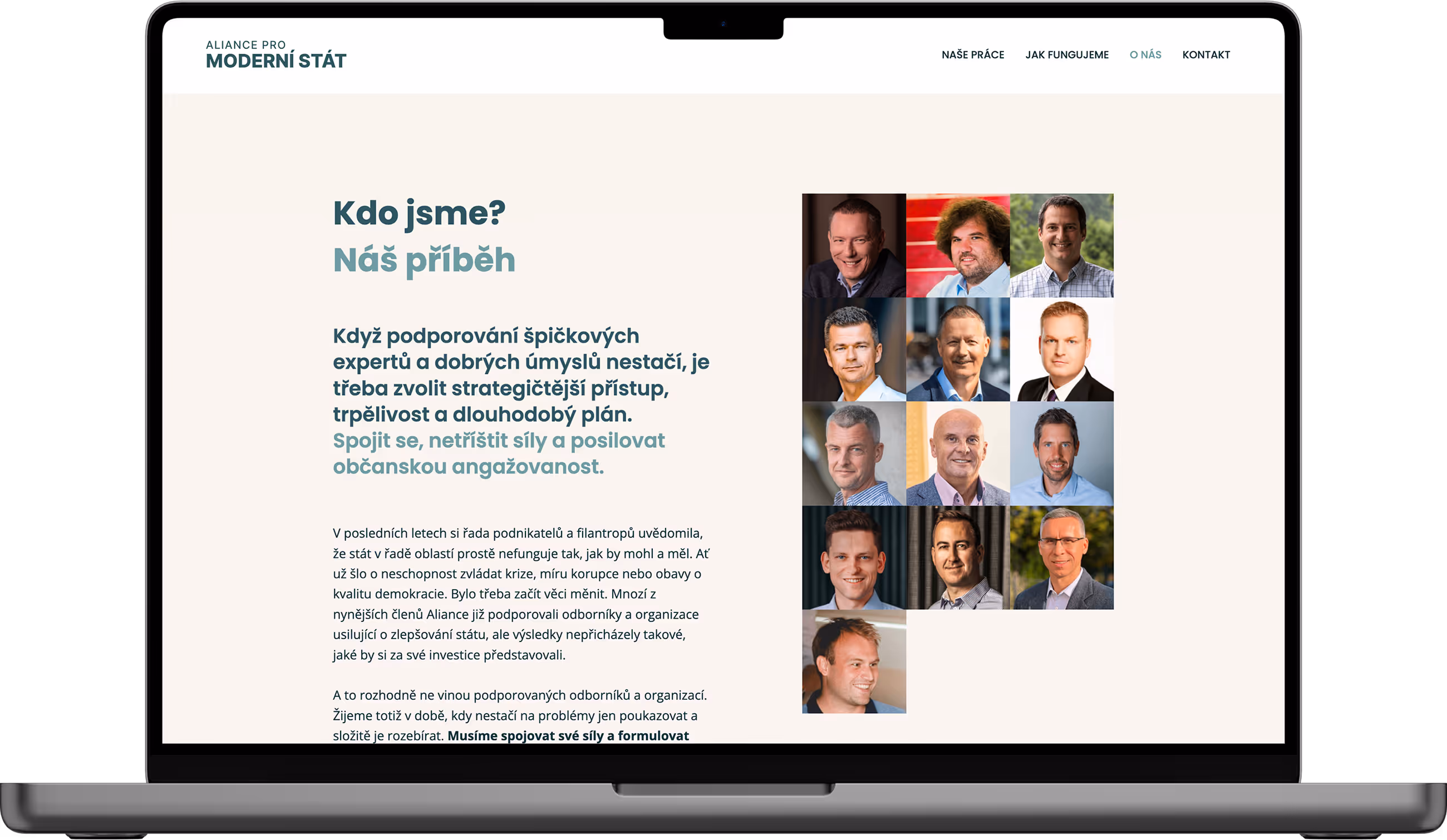 Website mockup of the Alliance for a Modern State with portraits of team members and introductory text.
