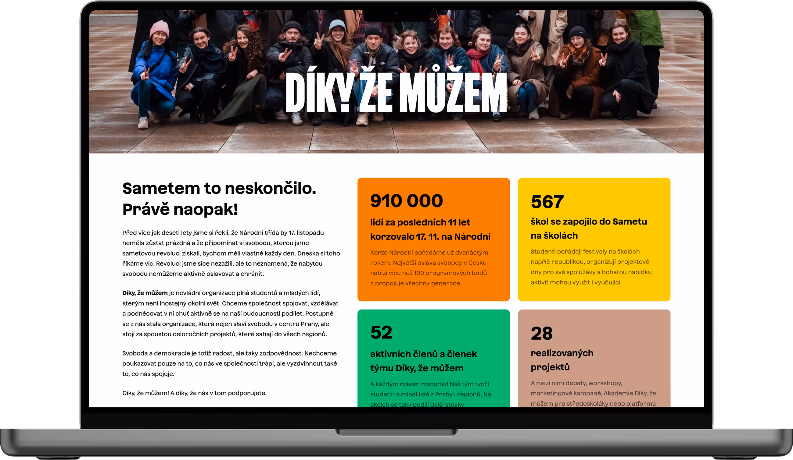 Mockup webu Díky, že můžem zaměřený na dopad a občanskou angažovanost.