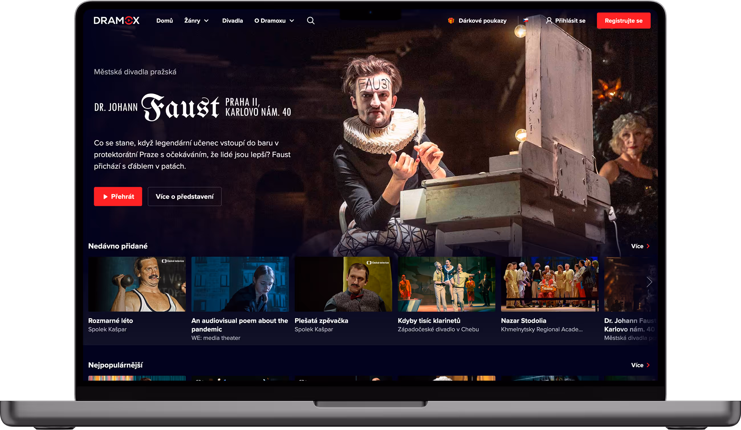 Website mockup of the DRAMOX streaming platform featuring theatre performances.