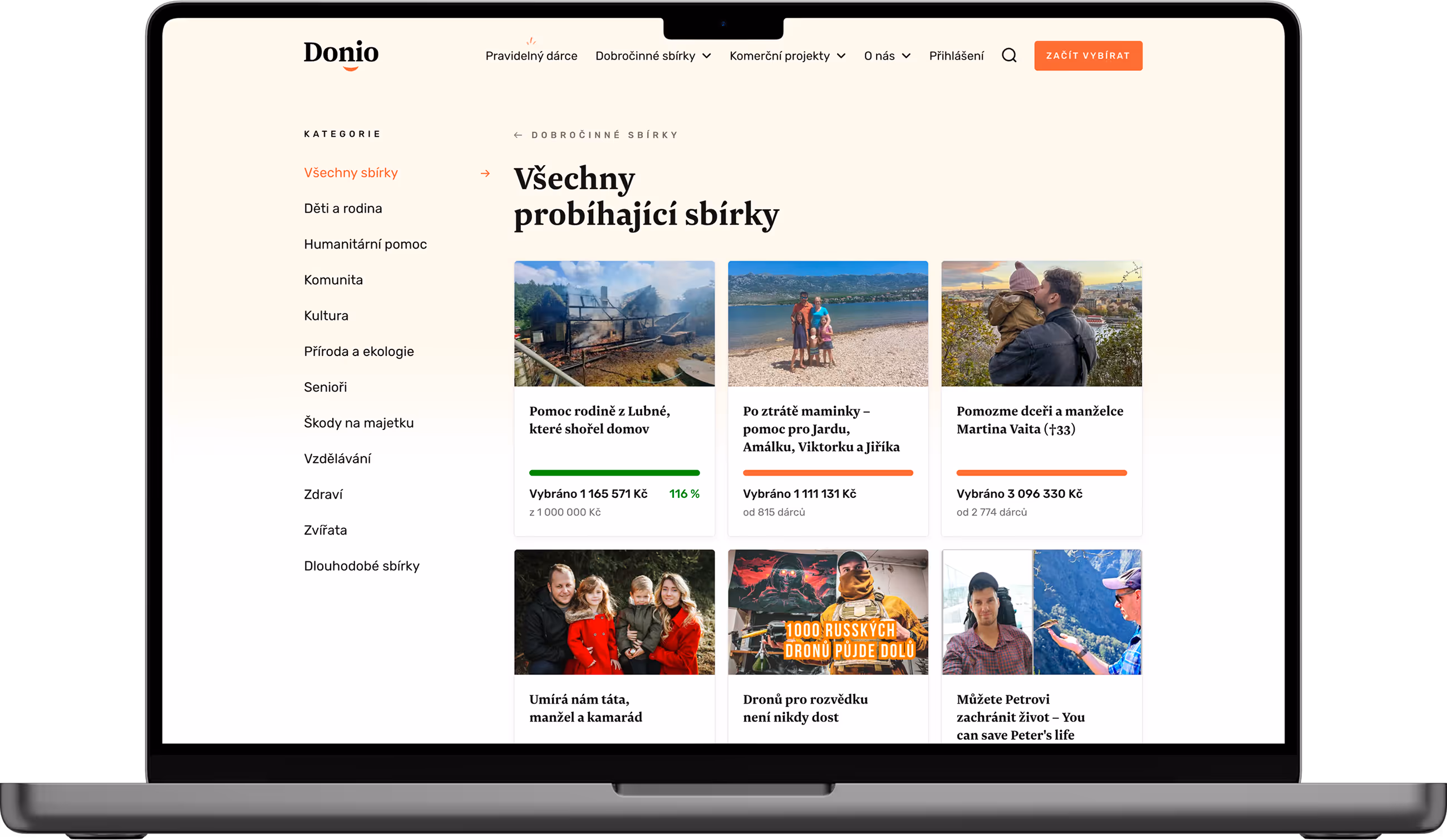 Website mockup of Donio showing an overview of charitable fundraising campaigns.