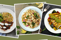 Three plates of different meals including grilled meat with sauce and vegetables, a bowl of salad with feta cheese, and a plate with grilled salmon and vegetables.