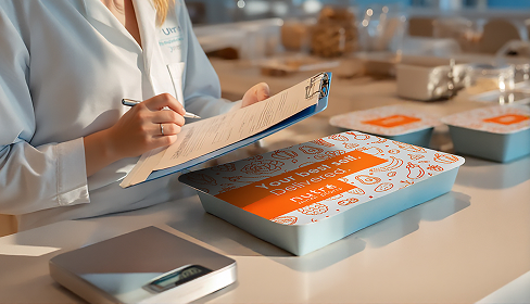 Person in a lab coat holding a clipboard and pen next to a closed meal container labeled 'Your Personal Dietitian Approved'.