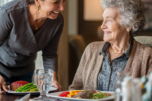 A smiling caregiver serving a meal with green beans and meatloaf to an elderly woman who is seated and smiling back.