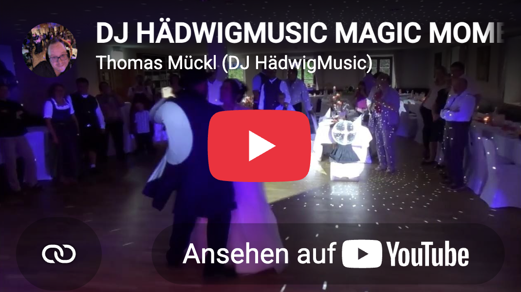 YouTube-Video-Vorschaubild zeigt ein Brautpaar beim ersten Tanz in einem Raum mit Gästen und DJ-Beleuchtung, überlagert von Titel und Spieler-Symbol.