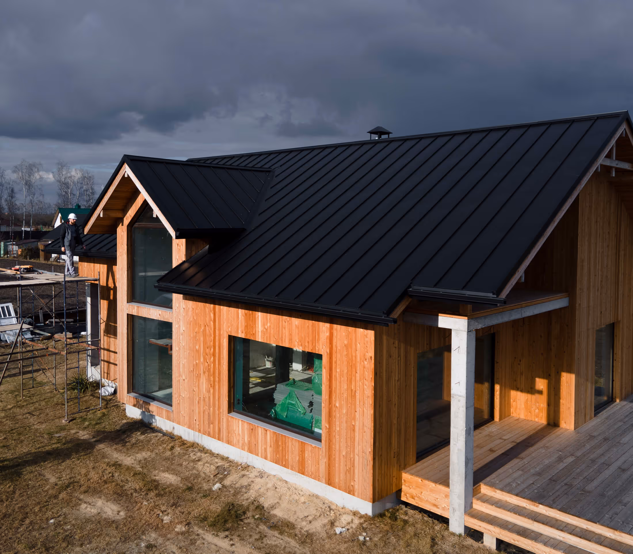 A pitched roof with dormer windows on a private house.