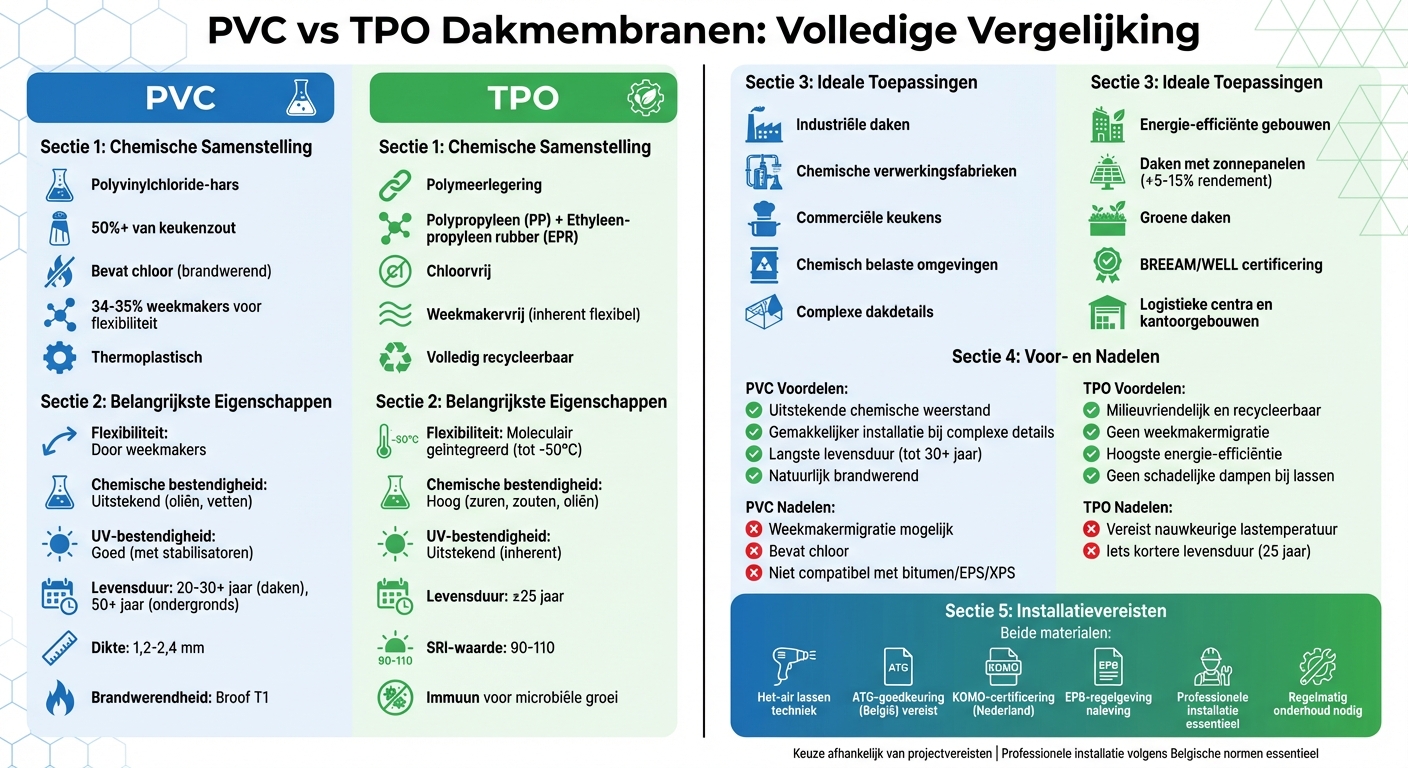 PVC vs TPO dakmembranen vergelijking: eigenschappen, levensduur en toepassingen