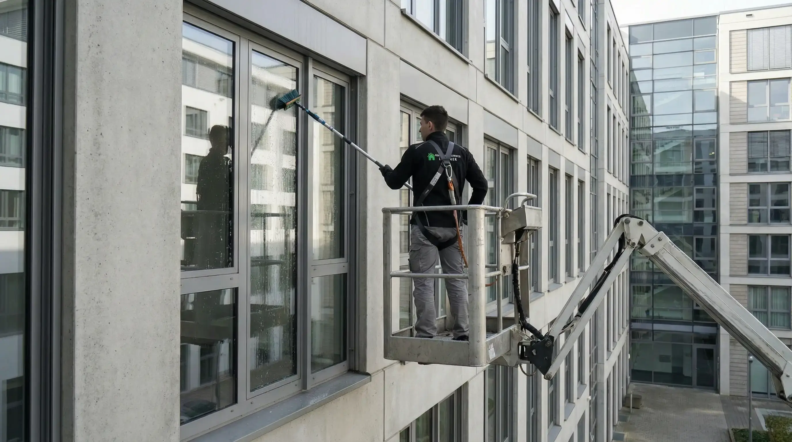 Mann reinigt Fenster eines modernen Bürogebäudes mit langem Bürstenstiel von einer Hebebühne aus.