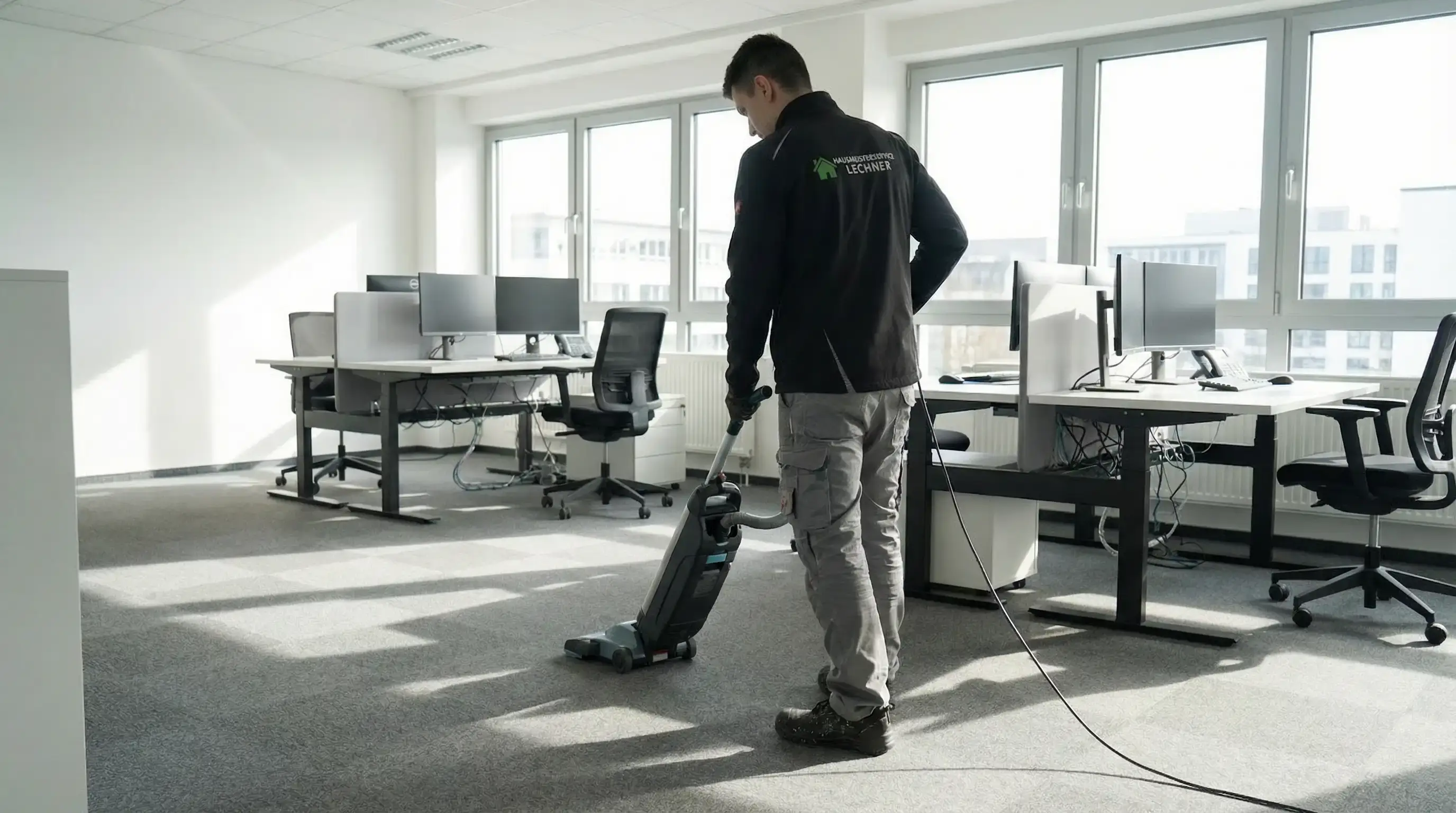 Reinigungskraft saugt Teppichboden in einem hellen Büro mit mehreren Schreibtischen und Computern.
