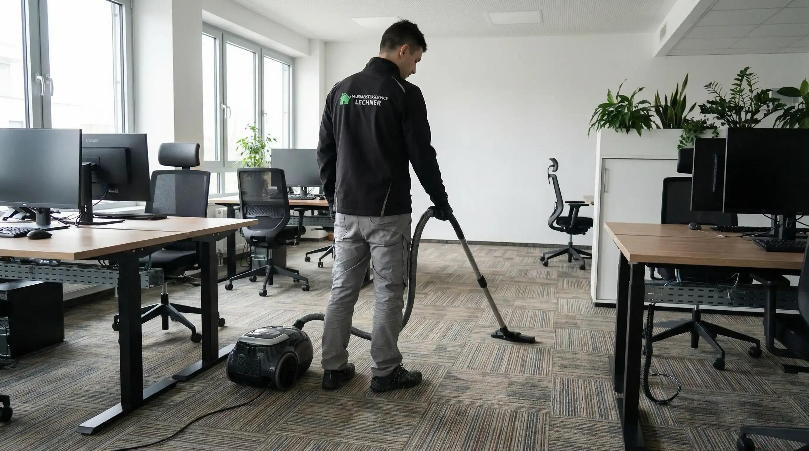 Mann von hinten, der mit einem Staubsauger den Teppichboden in einem hellen, modernen Büro mit Schreibtischen und Bürostühlen reinigt.