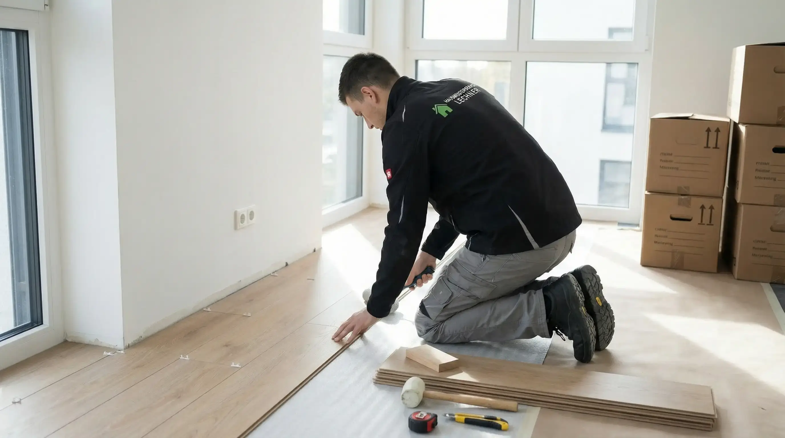 Handwerker kniet auf dem Boden und verlegt Laminatboden in einem hellen Raum mit Kartons im Hintergrund.