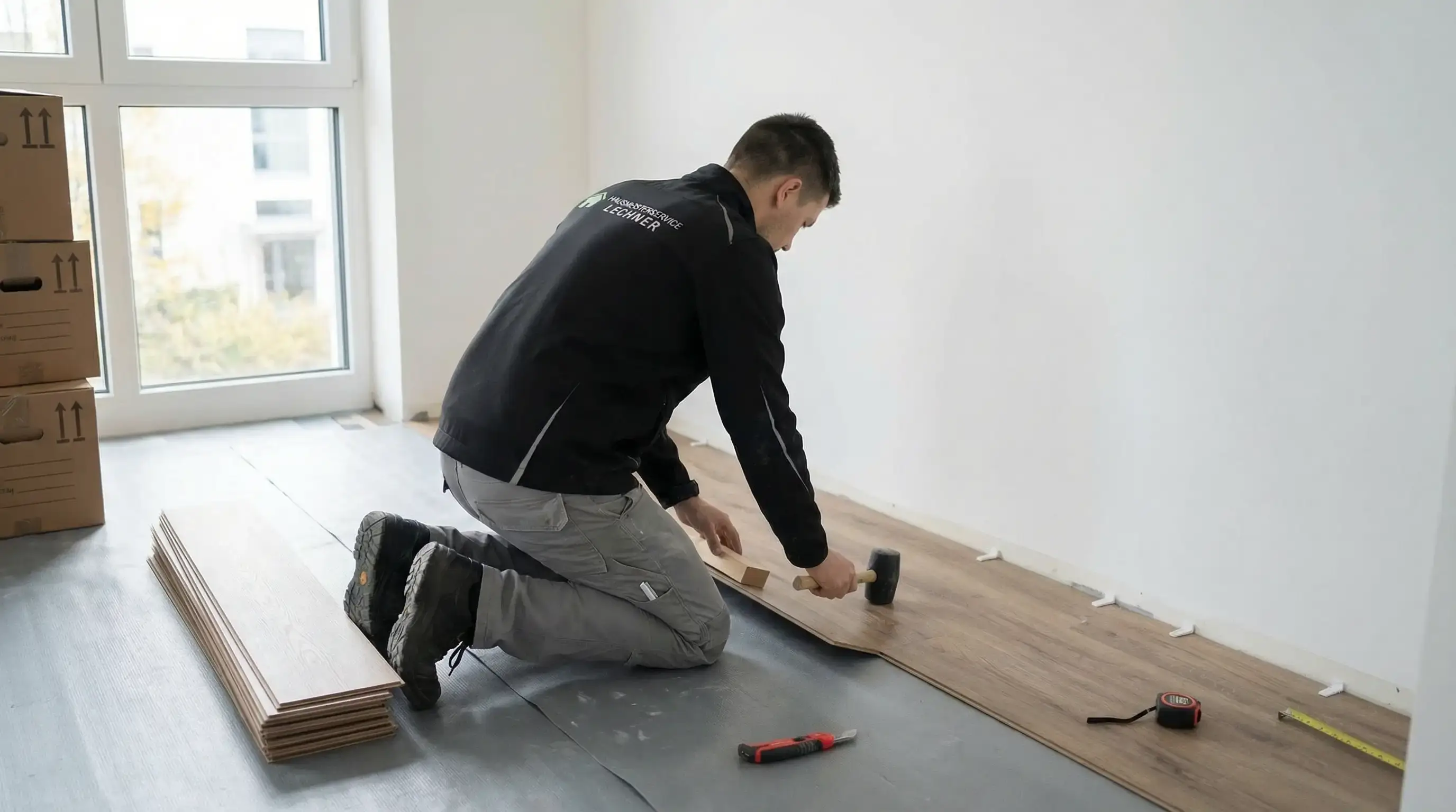 Handwerker kniet am Boden und schlägt Laminatboden mit einem Gummihammer in einem hellen Raum ein.