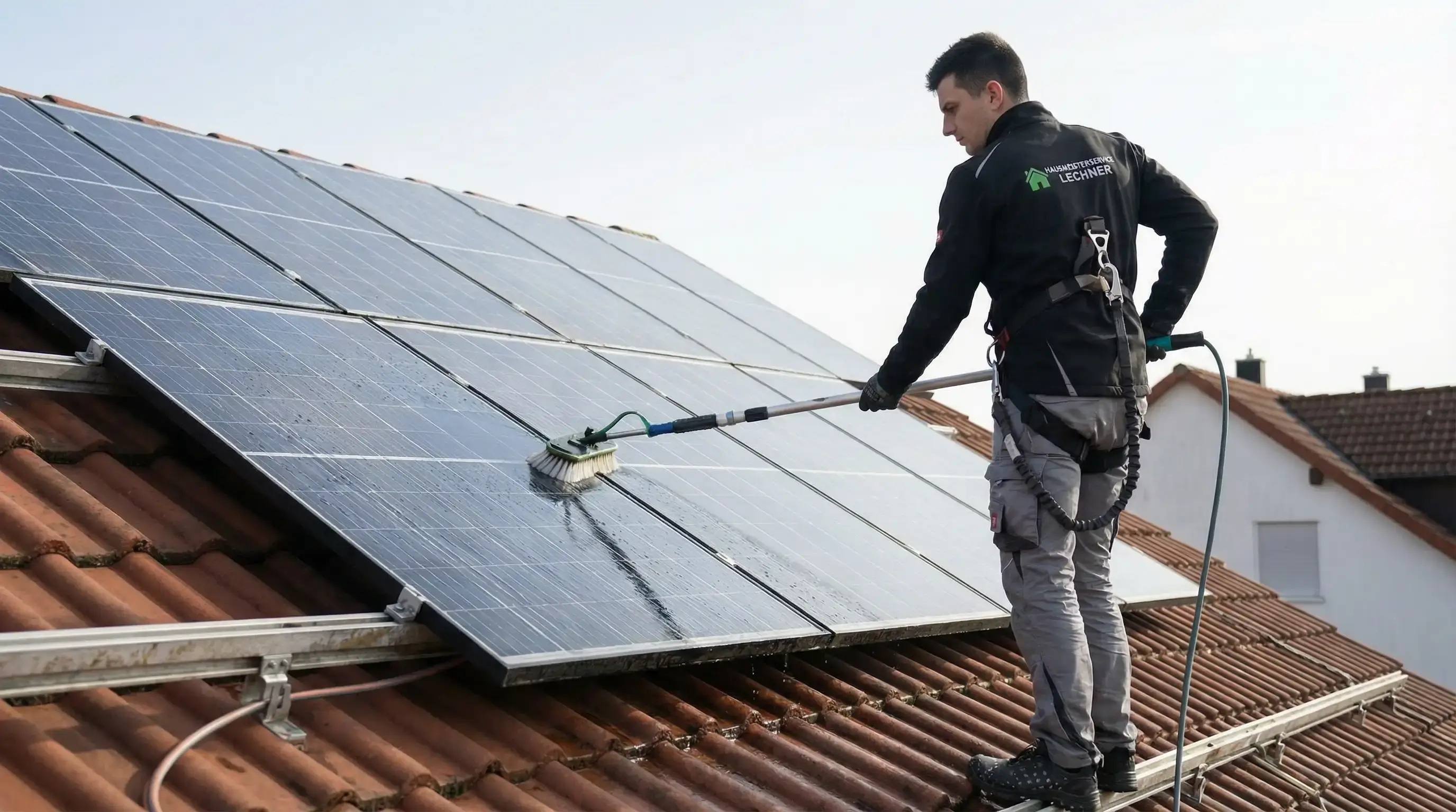 Ein Mann reinigt Solarpaneele auf einem Dach mit einer Bürste und Wasser.