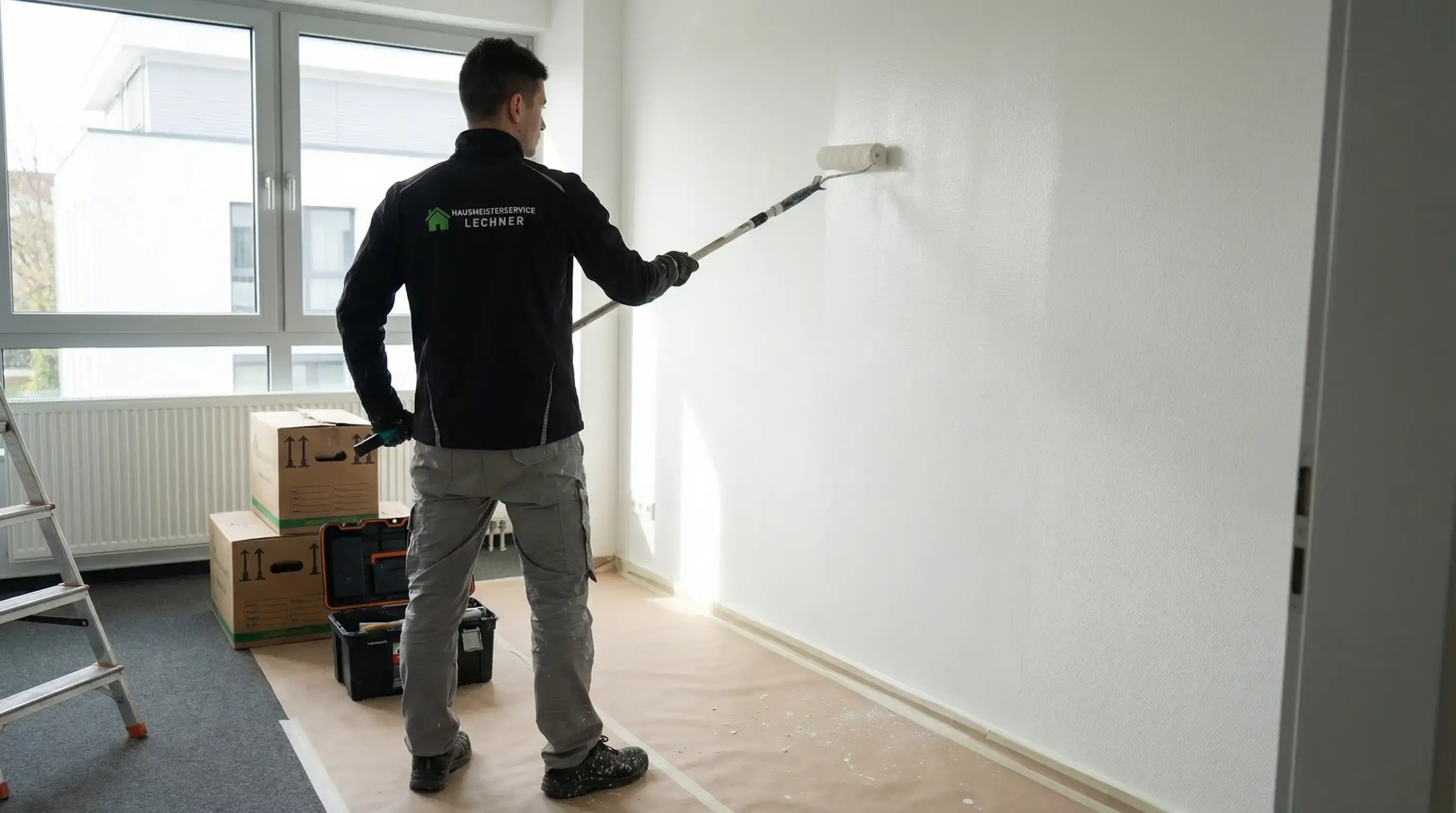 Mann in Arbeitskleidung streicht mit Farbrolle eine weiße Wand in einem Raum mit Fenstern und Kartons.