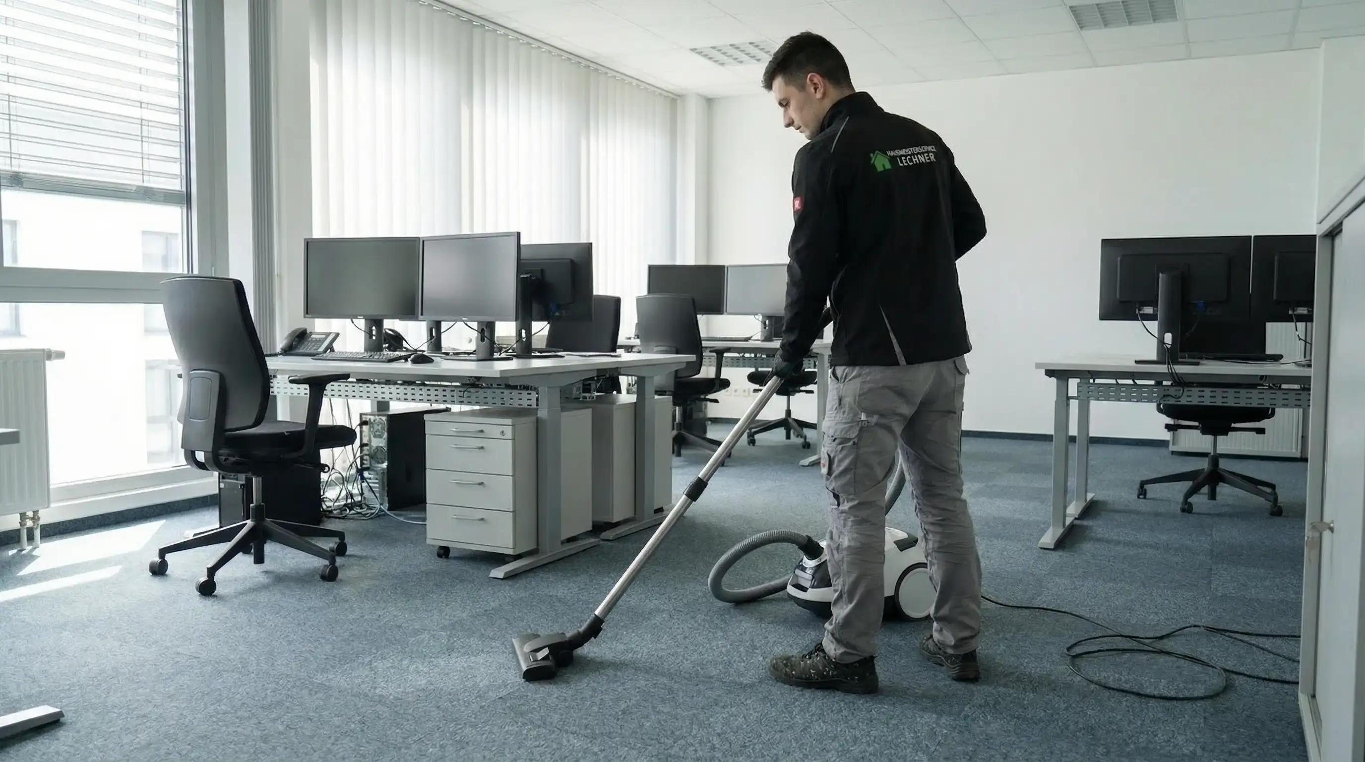 Mann reinigt mit einem Staubsauger den Teppichboden in einem modernen Büro mit mehreren Schreibtischen und Computern.