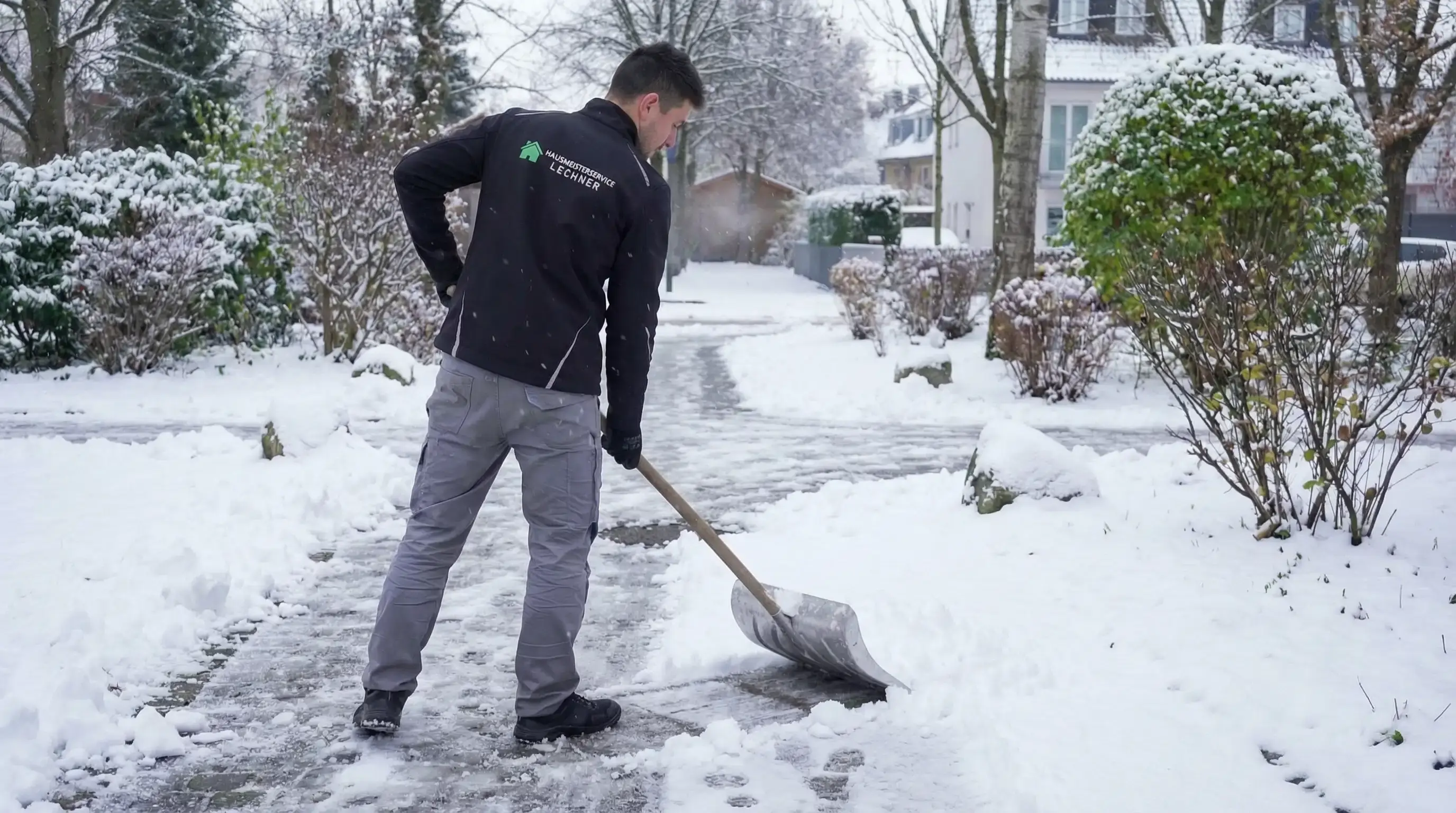 Ein Mann mit Jacke von Hausmeisterservice Lechner schiebt Schnee auf einem Gehweg in einer verschneiten Wohngegend.