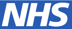 NHS logo with bold white letters on a blue background.