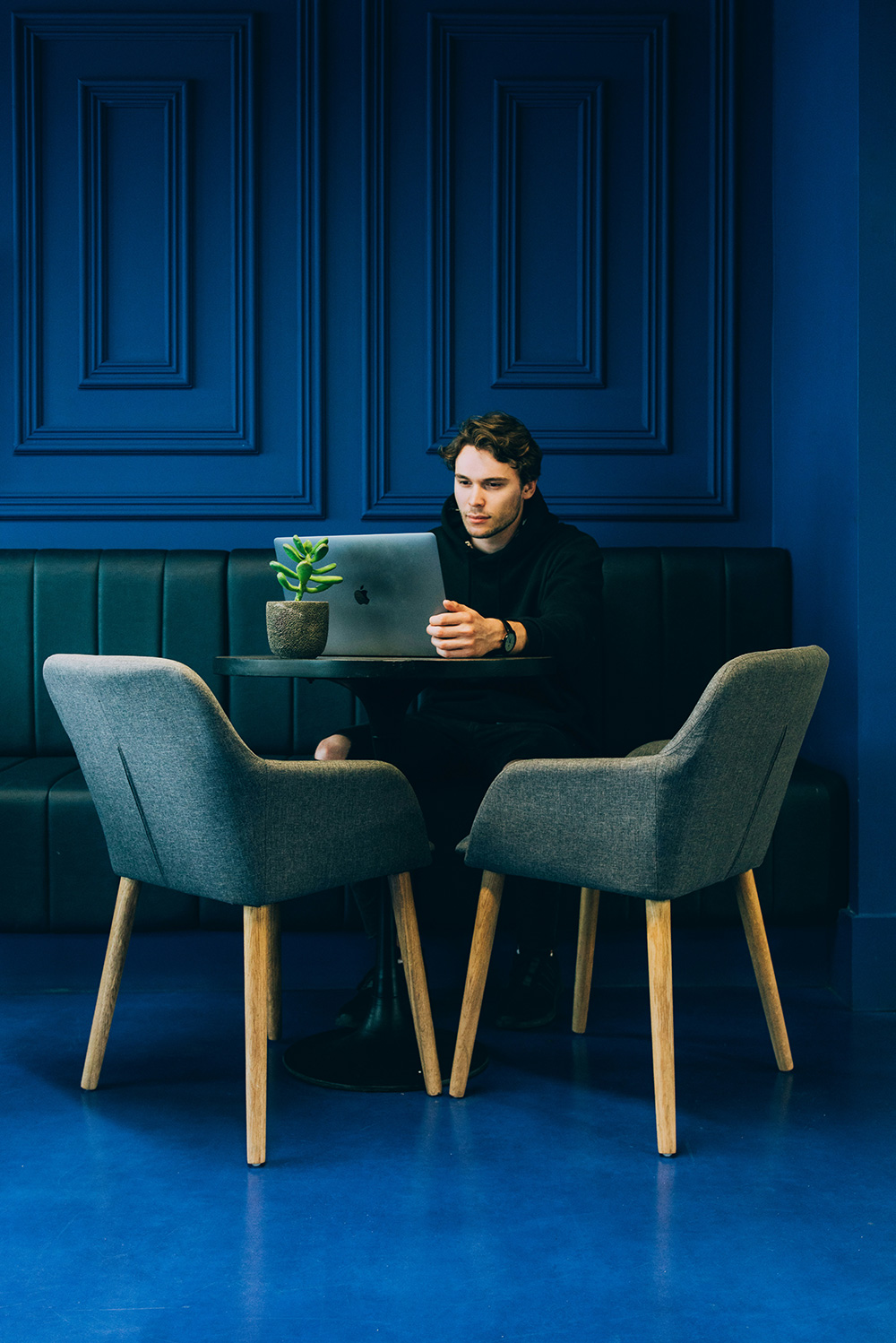Man in a black hoodie working on a laptop at a round table with a small potted plant, sitting in a blue room with gray chairs.