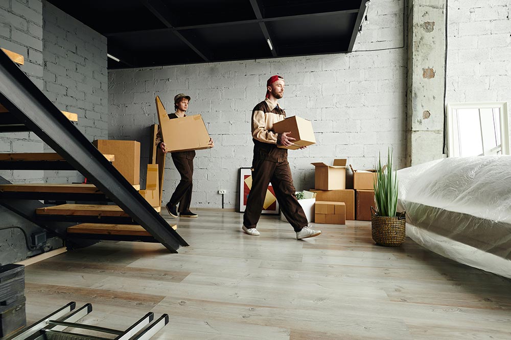 Two men carrying cardboard boxes in a modern loft with packed boxes and wrapped furniture.
