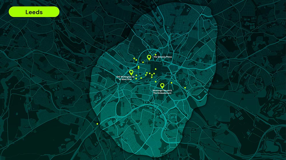 Map of Leeds highlighting locations: The Electric Press, 100 Wellington St & West One, and Sovereign House & The Embankment with a glowing area around the city center.