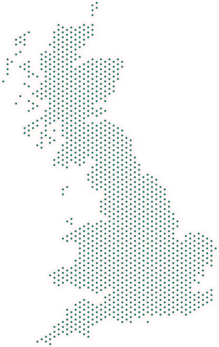 Dotted pattern map outline of the United Kingdom including Great Britain and Northern Ireland.