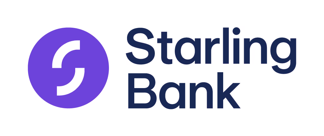 Starling Bank logo with a stylized white 'S' inside a purple circle next to the text 'Starling Bank' in dark blue.