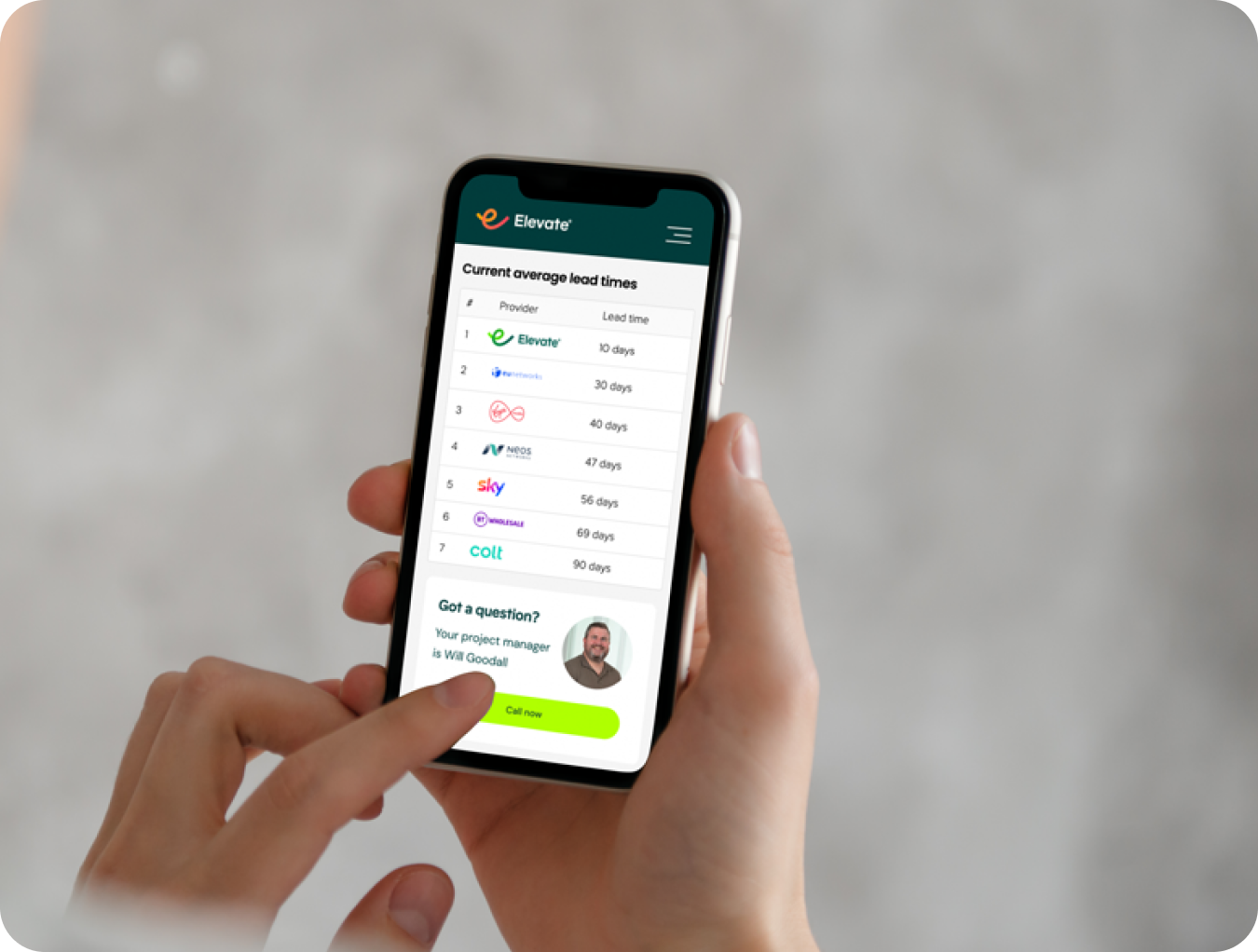 Hand holding a smartphone displaying a table of current average lead times for providers, with a call button to contact project manager Will Goodall.