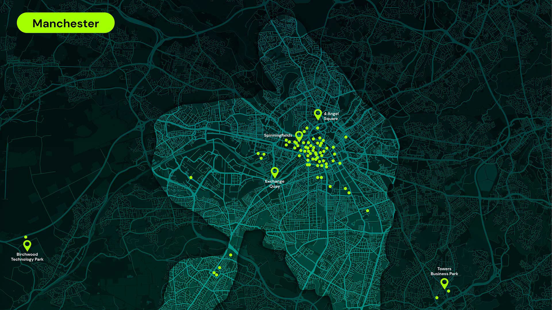 Map of Manchester highlighting locations including Angel Square, Exchange Quay, Birchwood Technology Park, and Towers Business Park with dots marking sites across the city.