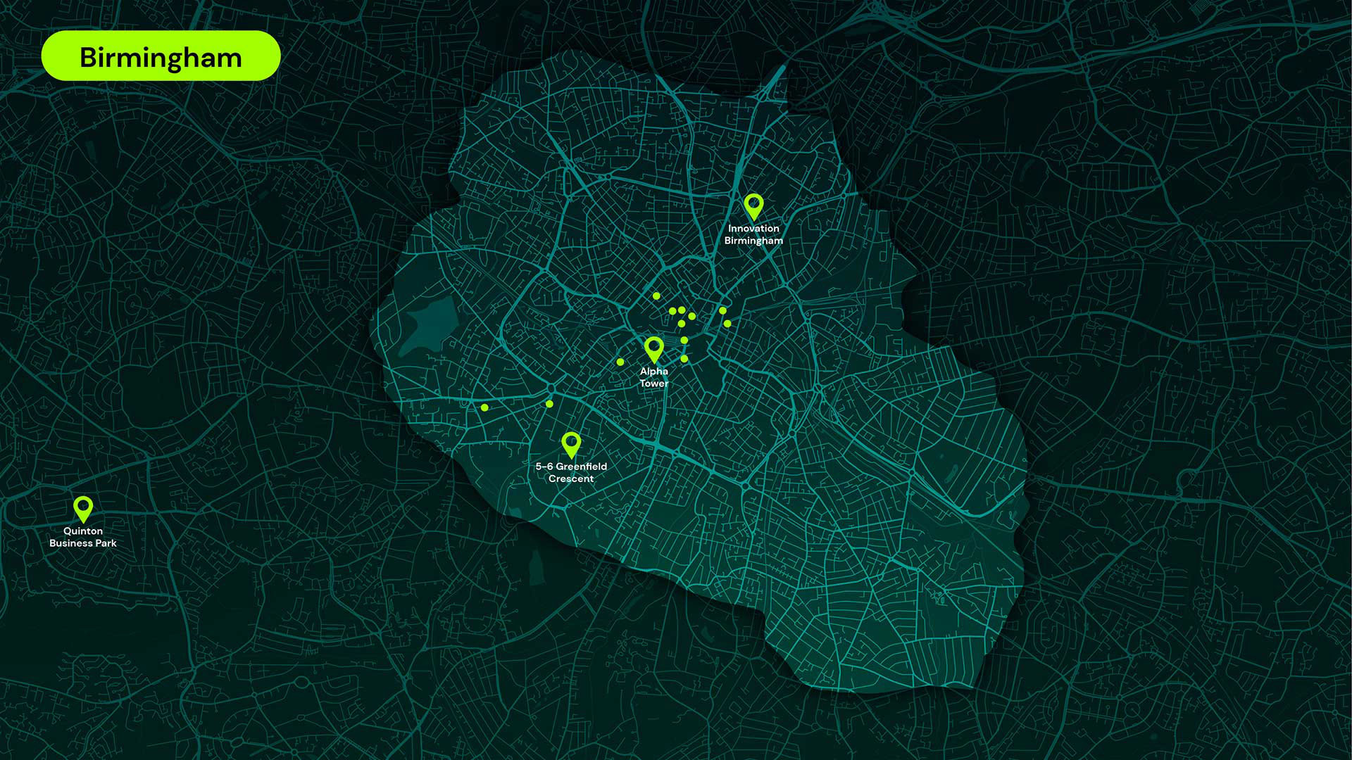 Map of Birmingham highlighting locations Innovation Birmingham, Alpha Tower, 5-6 Greenfield Crescent, and Quinton Business Park.