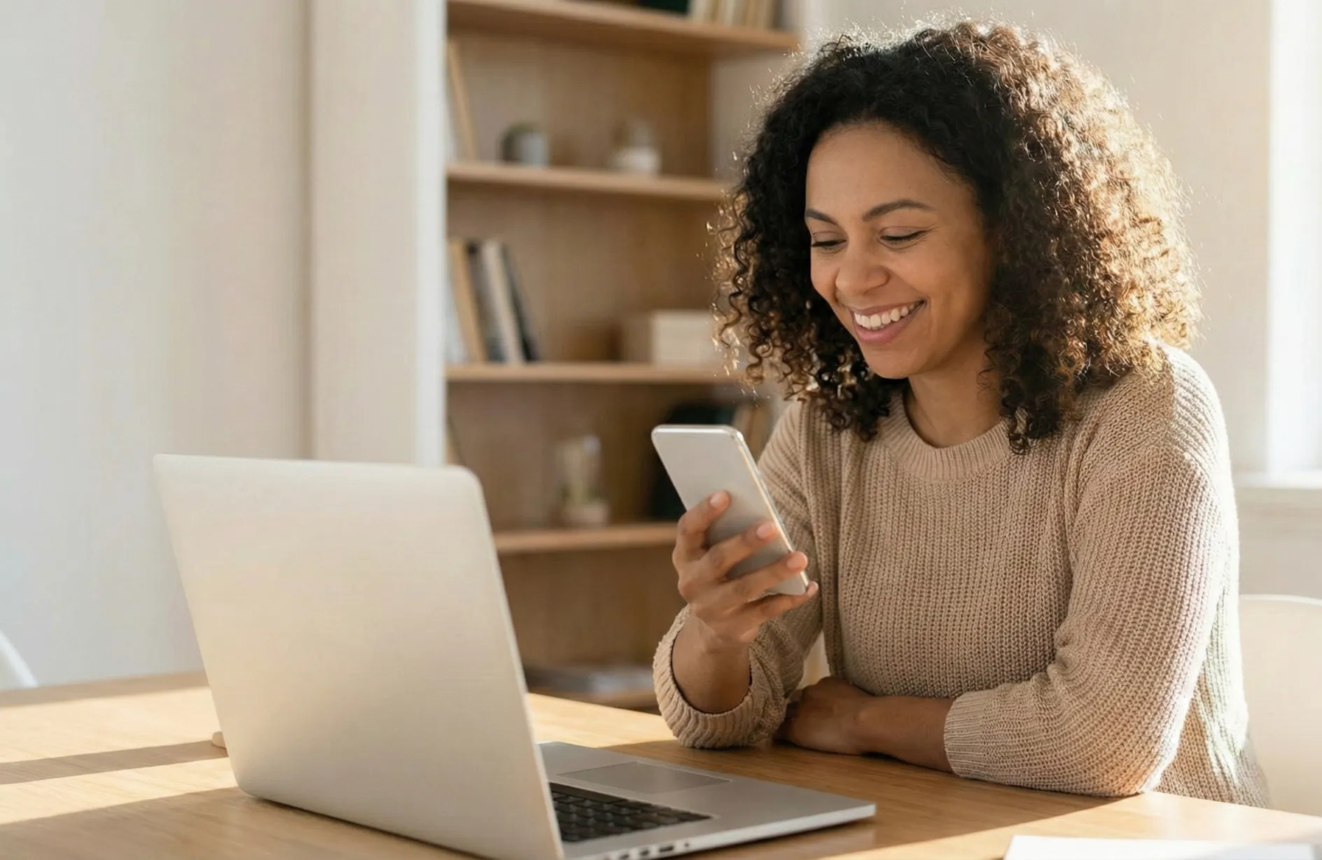 Smiling woman with curly hair in a beige sweater looking at her smartphone at a desk with an open laptop.