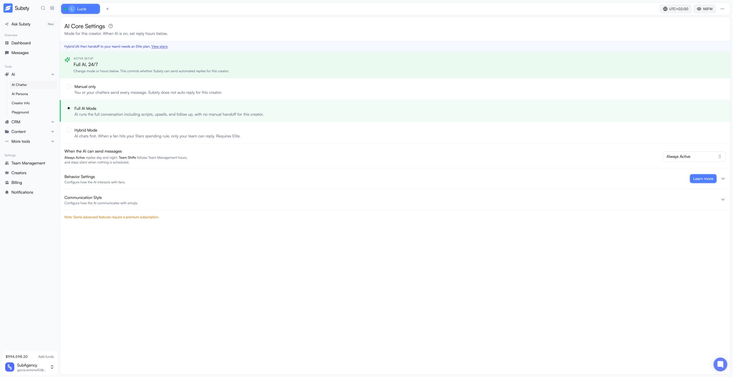 Réglages Substy AI : modes manuel, 100 % IA et hybride, avec horaires de réponse