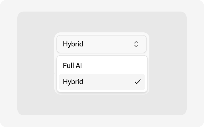 Dropdown menu illustrating OnlyFans automation modes with “Hybrid” selected over “Full AI.”