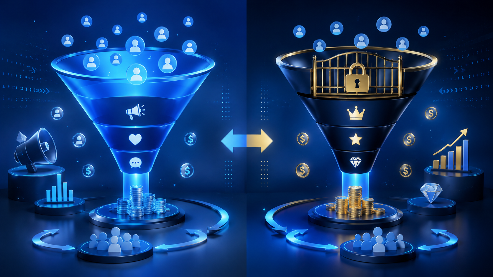 Blue comparison diagram showing how free, paid and hybrid OnlyFans pages convert different types of traffic.