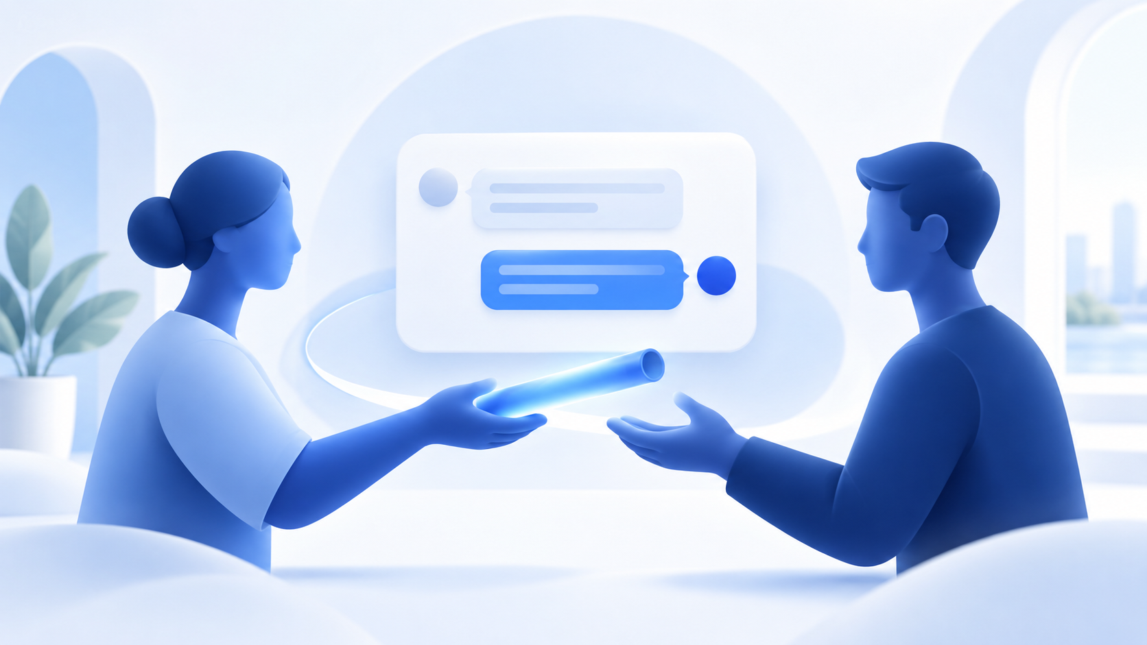 Two blue team profile icons connected by a shared conversation card, illustrating a clear shift handoff