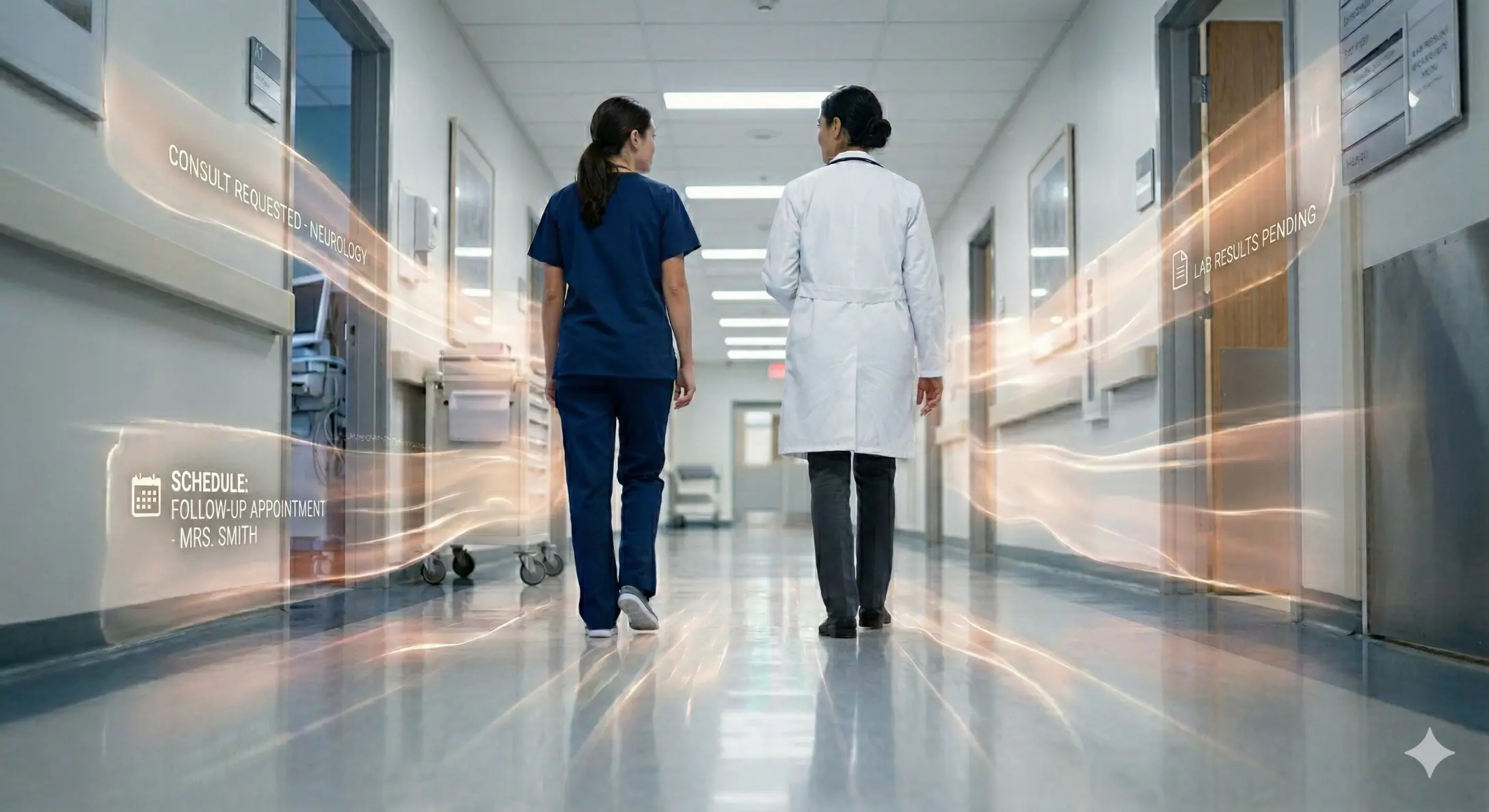 Two clinicians — a nurse in scrubs and a physician in a white coat — walk a hospital corridor together, with ambient AI data overlays showing shared schedule details, a neurology consult request, and pending lab results flowing alongside them.