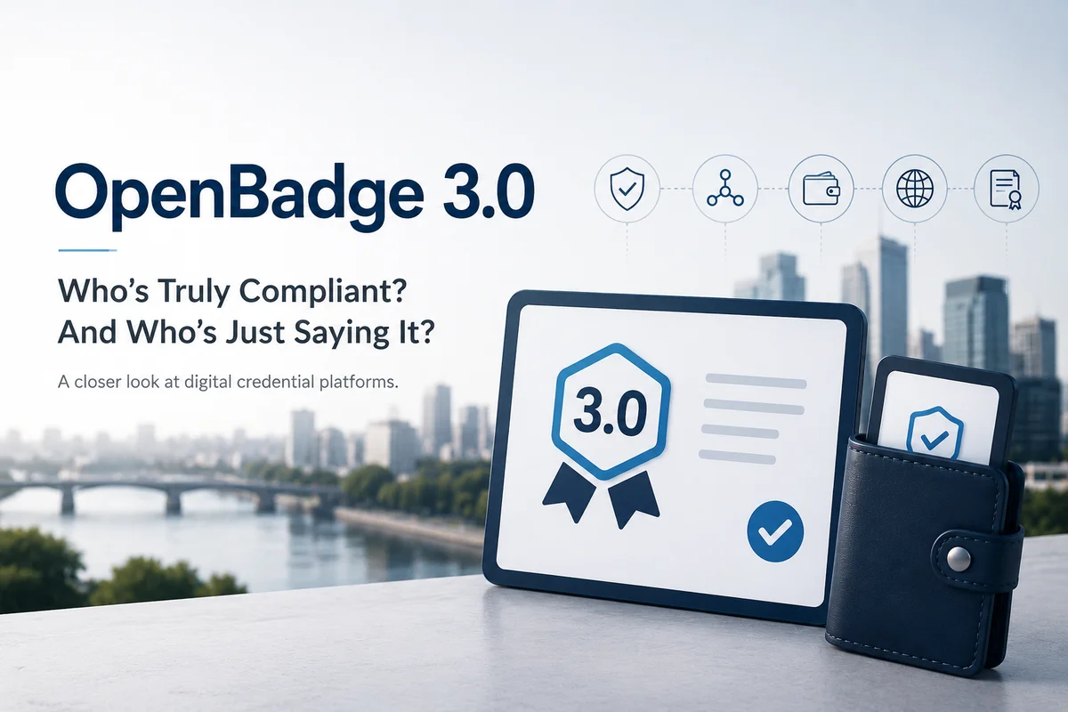 OpenBadge 3.0 digital credential displayed on a tablet next to a digital wallet, illustrating compliance comparison across credentialing platforms in 2026.