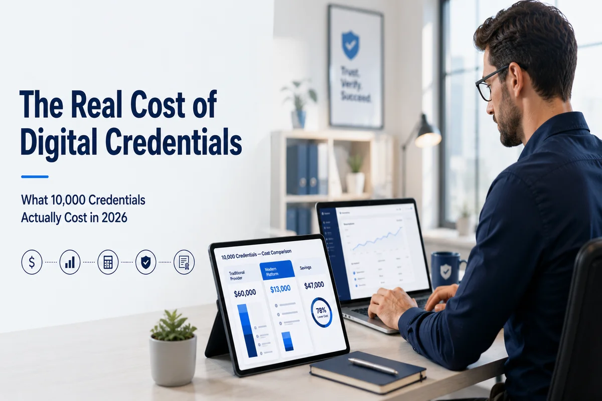 Professional office scene showing a business executive analyzing the cost of issuing 10,000 digital credentials in 2026 on a tablet and laptop, with pricing charts and digital credential verification icons.