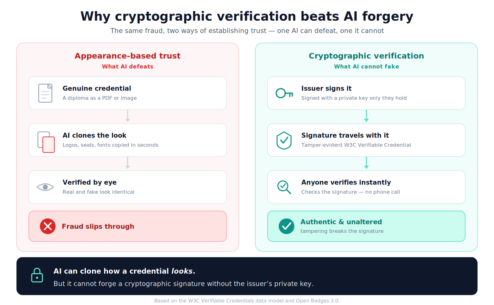Diagram: Trust based on appearance, vulnerable to AI, versus cryptographic verification
